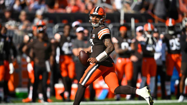 Oct 1, 2023; Cleveland, Ohio, USA; Cleveland Browns quarterback Dorian Thompson-Robinson (17) looks to pass in the fourth quarter against the Baltimore Ravens at Cleveland Browns Stadium. Mandatory Credit: David Richard-USA TODAY Sports